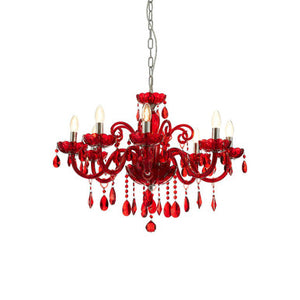 Murano 8 Bulb Chrome And Red Crystal Glass Chandelier