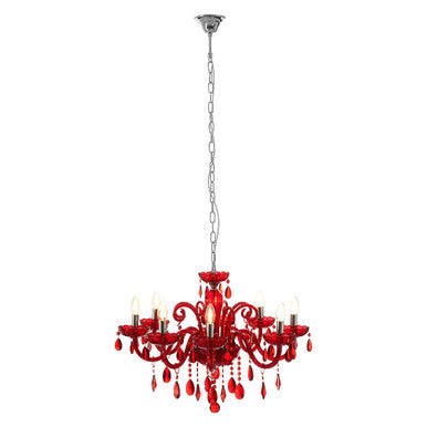 Murano 8 Bulb Chrome And Red Crystal Glass Chandelier