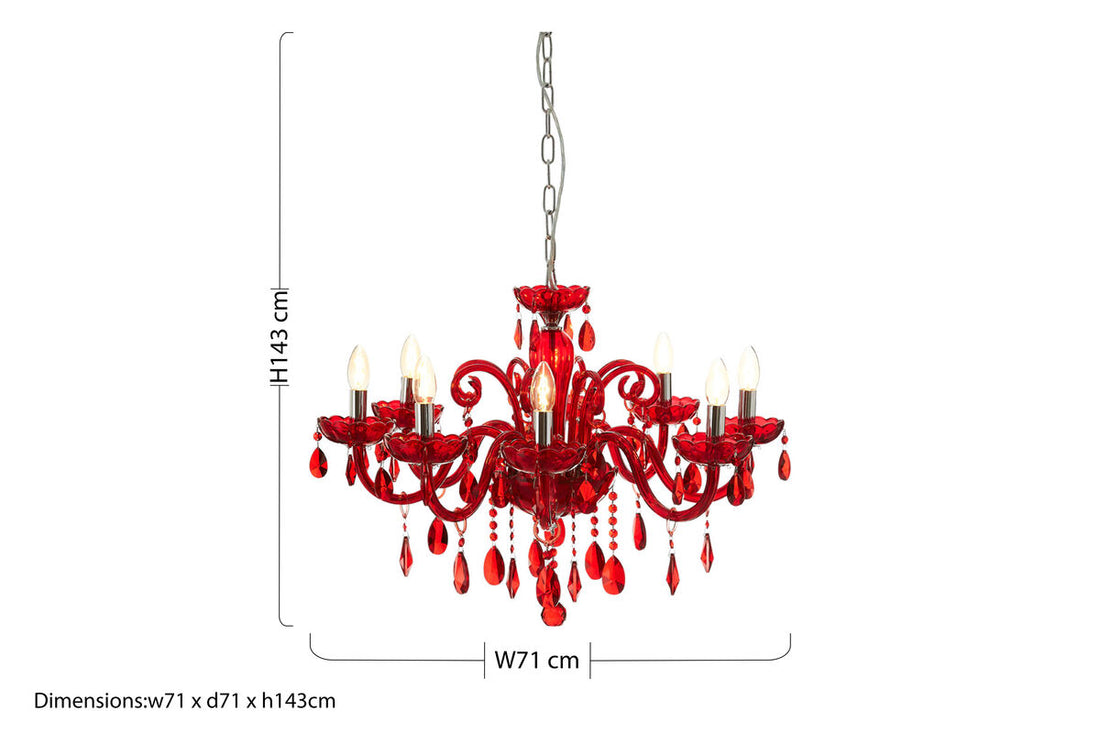 Murano 8 Bulb Chrome And Red Crystal Glass Chandelier - image 5