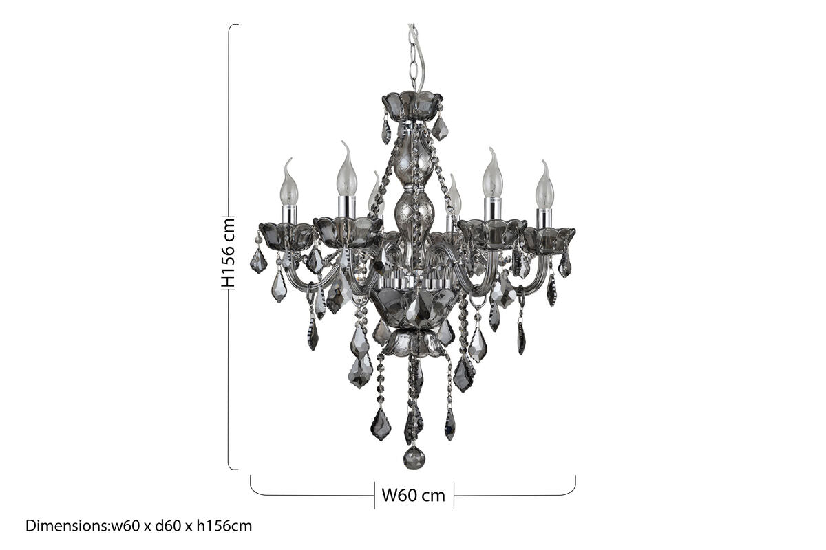 Chandelier with dimensions indicated on a white background