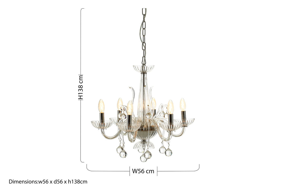 Murano 6 Bulb Clear Crystal Chandelier