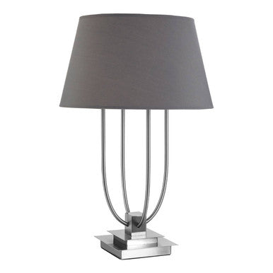 Table lamp with a gray shade and metallic base on a white background