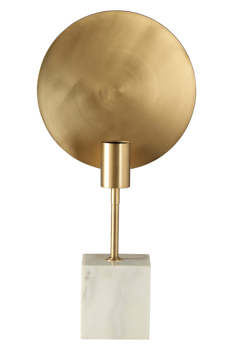 Decorative object with gold circular top and marble base on a white background