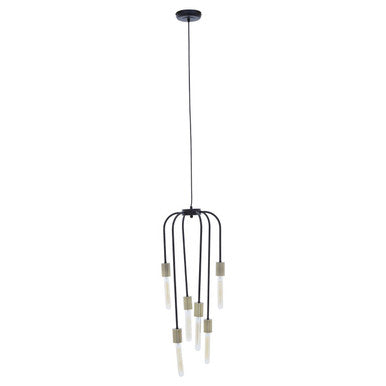 Modern pendant light with black cage design on a white background