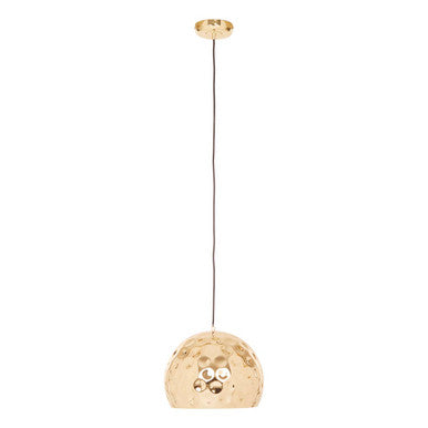 Gold pendant light with a textured design on a white background