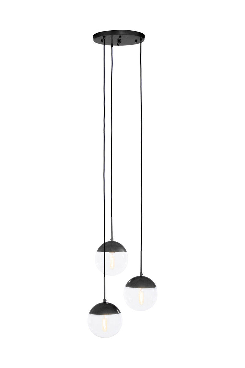 Black pendant light with three glass shades on a white background
