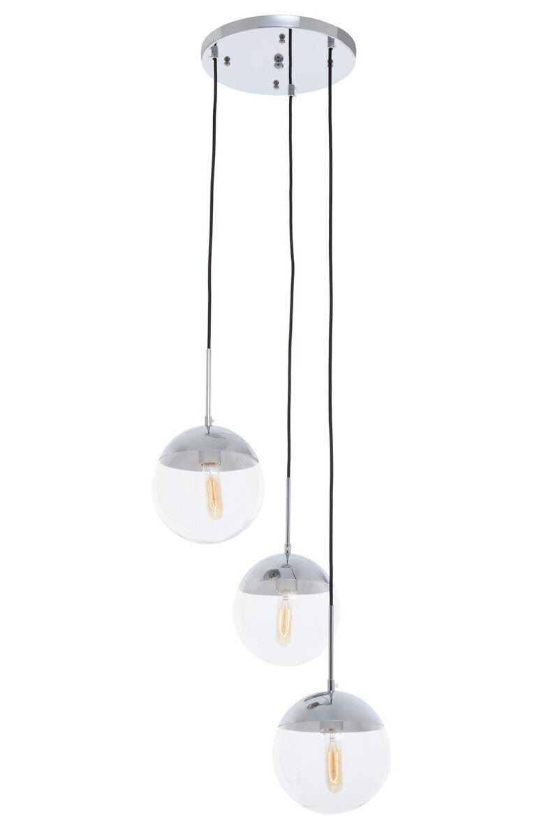 Modern pendant light with three glass shades on a white background