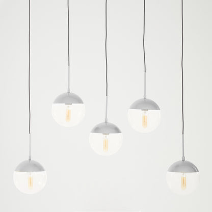 Set of five pendant lights with gray fixtures on a white background