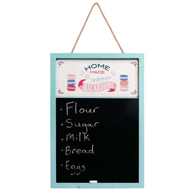Hanging chalkboard with a colorful label and a list of ingredients on a white background