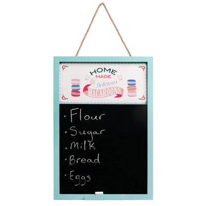 Hanging chalkboard with a colorful label and a list of ingredients on a white background
