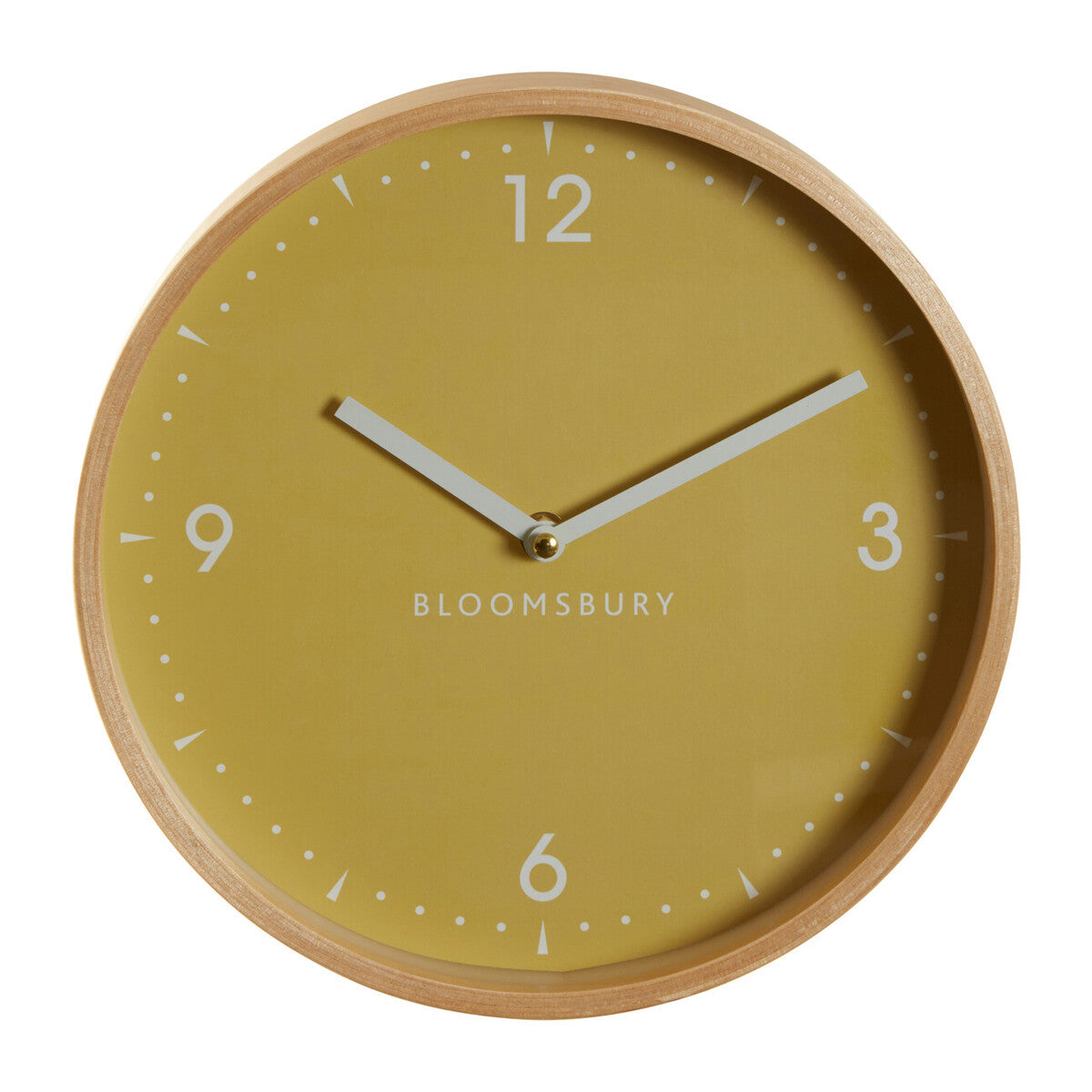 Round wall clock with a yellow face and wooden frame on a white background