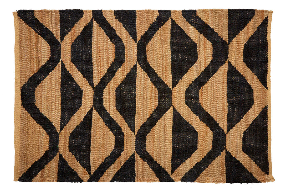 Rug with black and beige geometric pattern on a white background