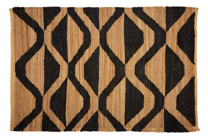 Rug with black and beige geometric pattern on a white background
