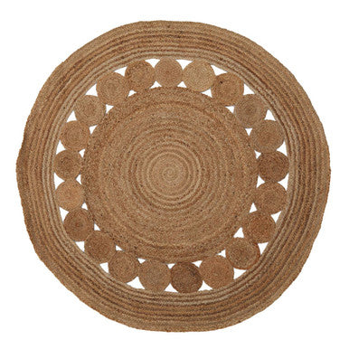 Round woven mat with concentric circle pattern on a white background
