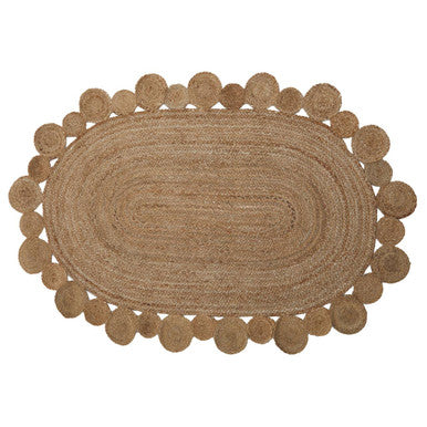 Brown oval braided rug with circular border on a white background