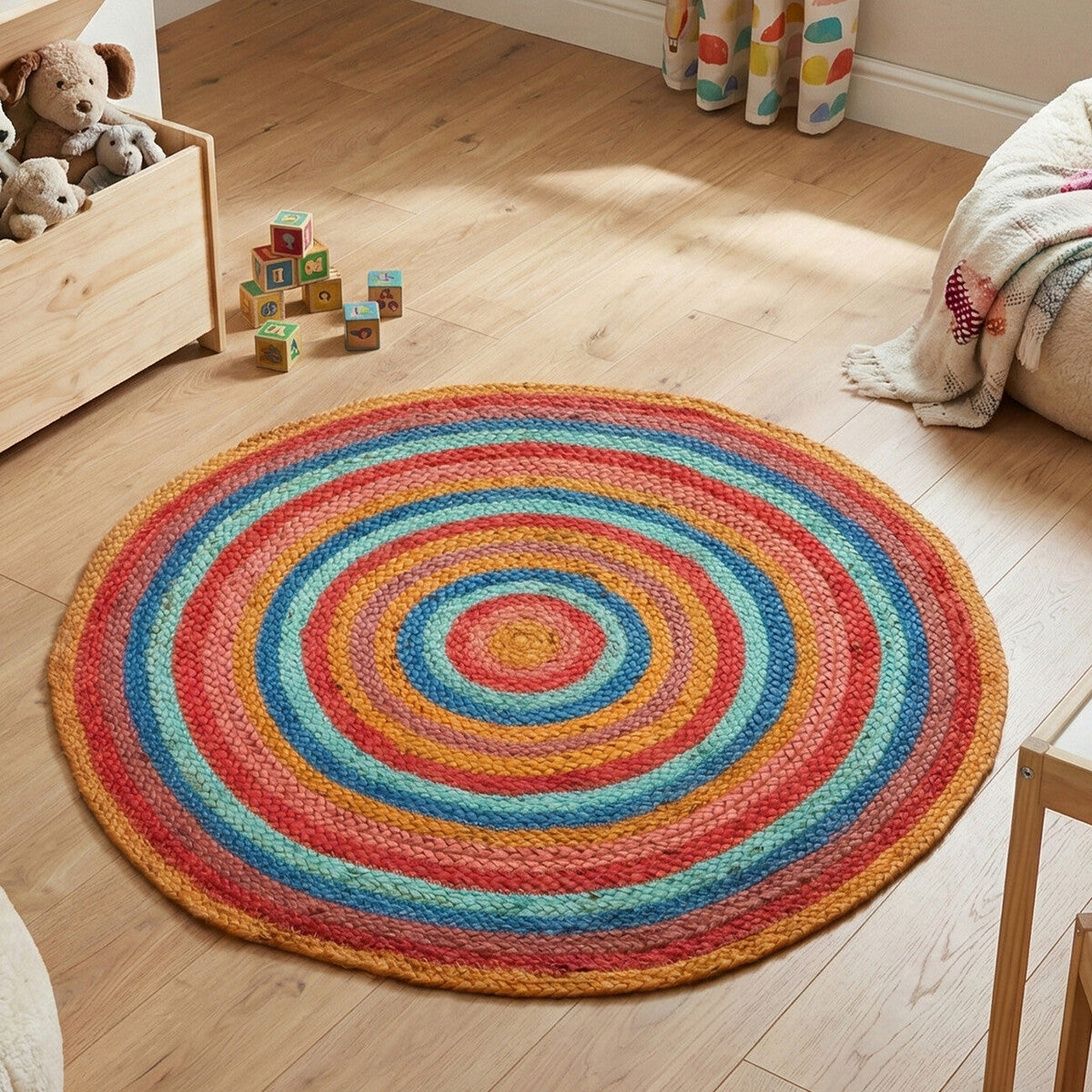 Multicolored circular rug on a wooden floor with toys and a wooden box in the background.