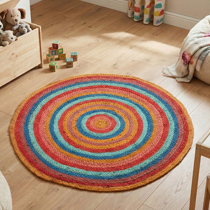 Multicolored circular rug on a wooden floor with toys and a wooden box in the background.