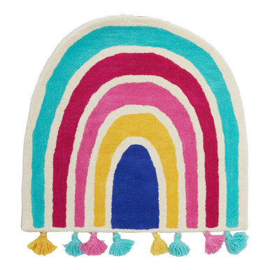 Colorful rainbow-shaped rug with tassels on a white background