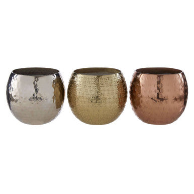 Three metallic pots in silver, gold, and bronze on a white background