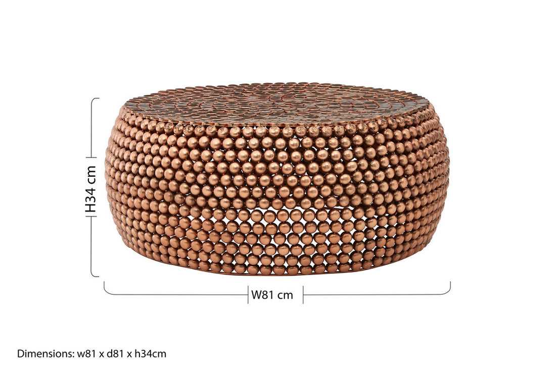 Round woven ottoman with dimensions on a white background