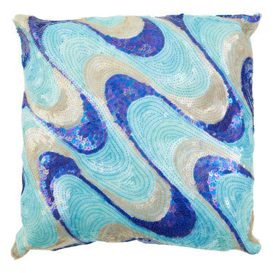 Decorative pillow with blue and white abstract pattern on a white background