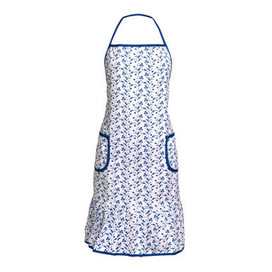 Floral-patterned apron with blue accents on a white background