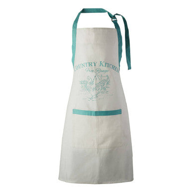 White apron with teal accents and &