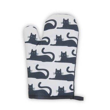 Oven mitt with black cat pattern on a white background