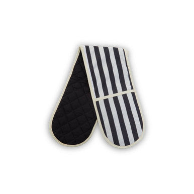 Black and white striped oven mitt on a white background