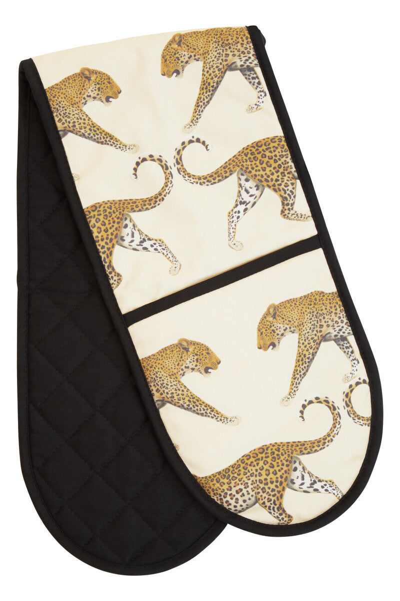 Oven mitt with leopard pattern on a white background