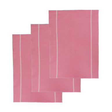 Set of four pink placemats with white stripes on a white background