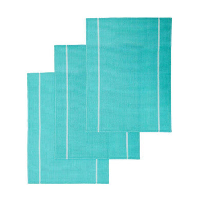Set of turquoise placemats with white stripes on a white background