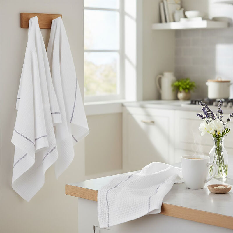 Doro Set Of 3 White and Grey Voilet Waffle Tea Towels
