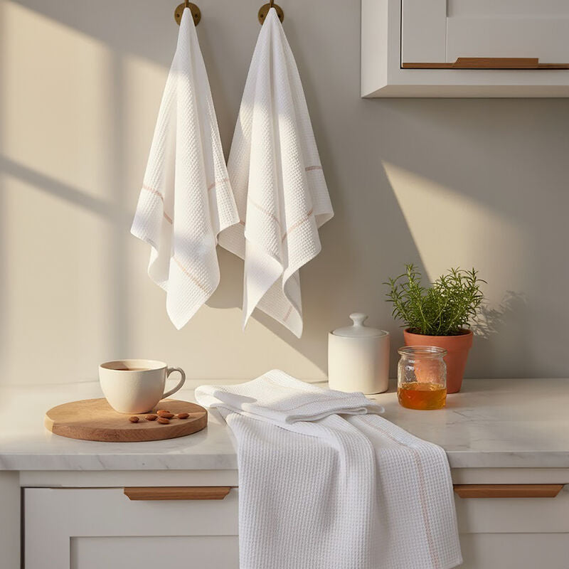 Doro Set Of 3 White and Almond Waffle Tea Towels