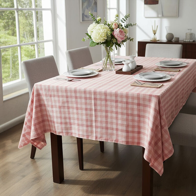 Toasted Almond and Coral Check Tablecloth | Thread and Loom