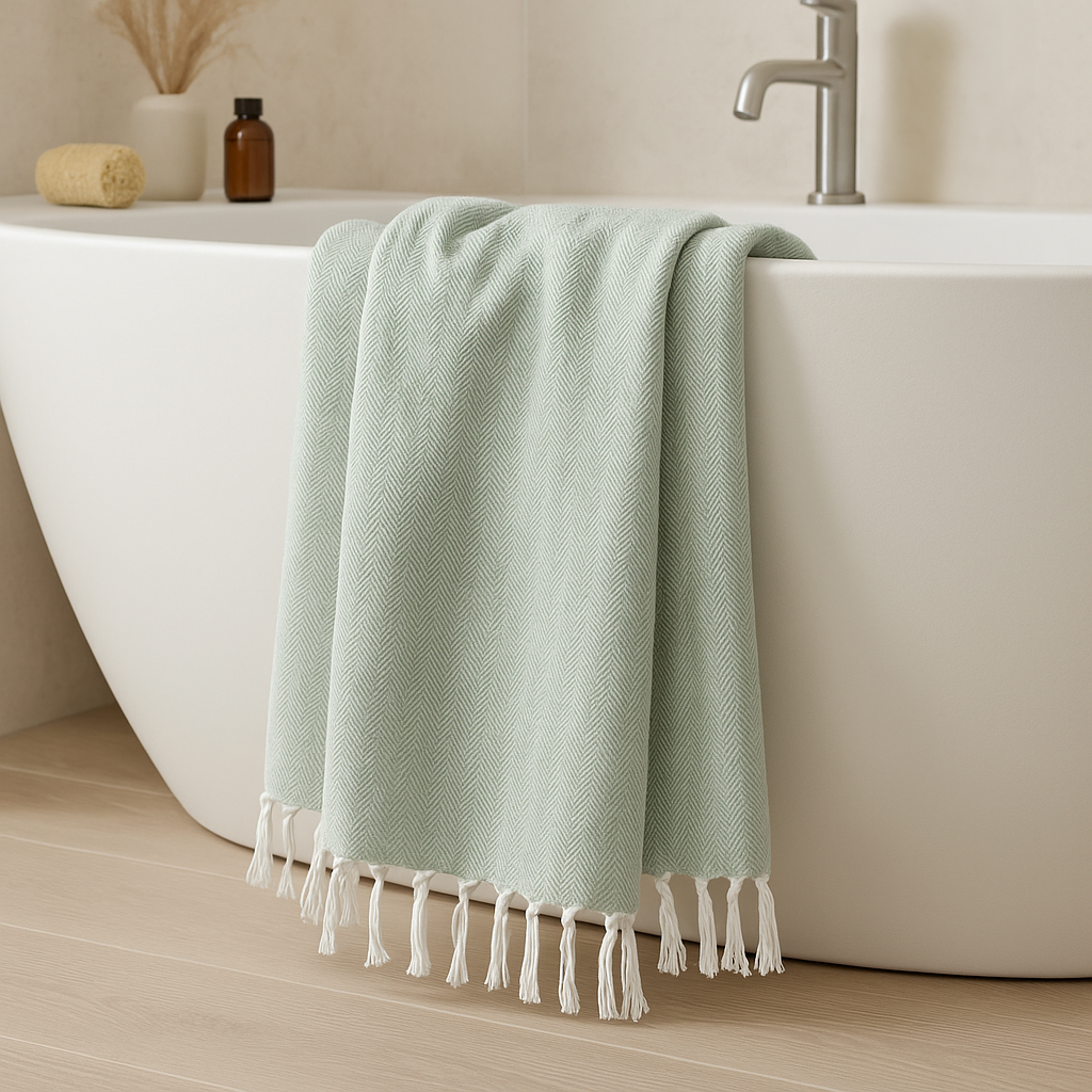 Green towel with white fringes draped over a white bathtub in a bathroom setting.
