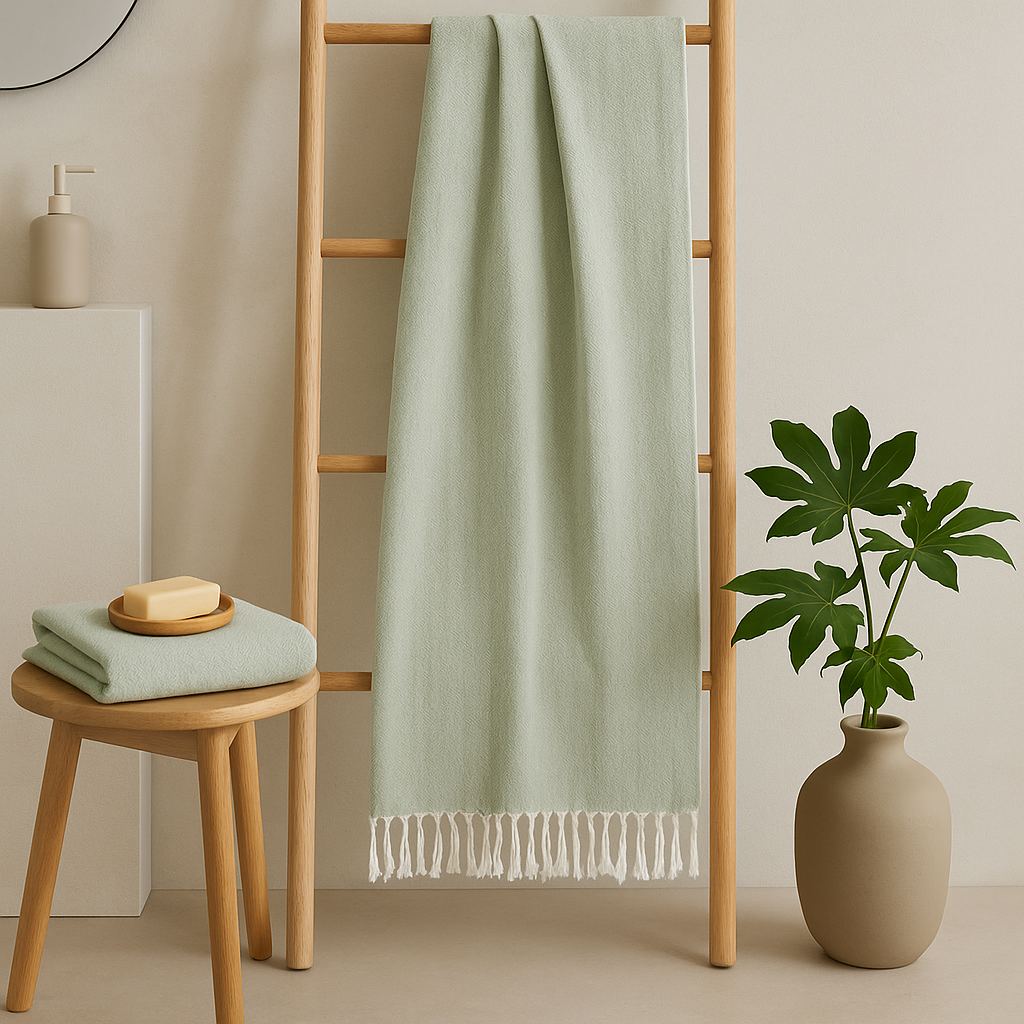 Green towel draped over a wooden ladder with a stool, plant, and soap in the foreground.