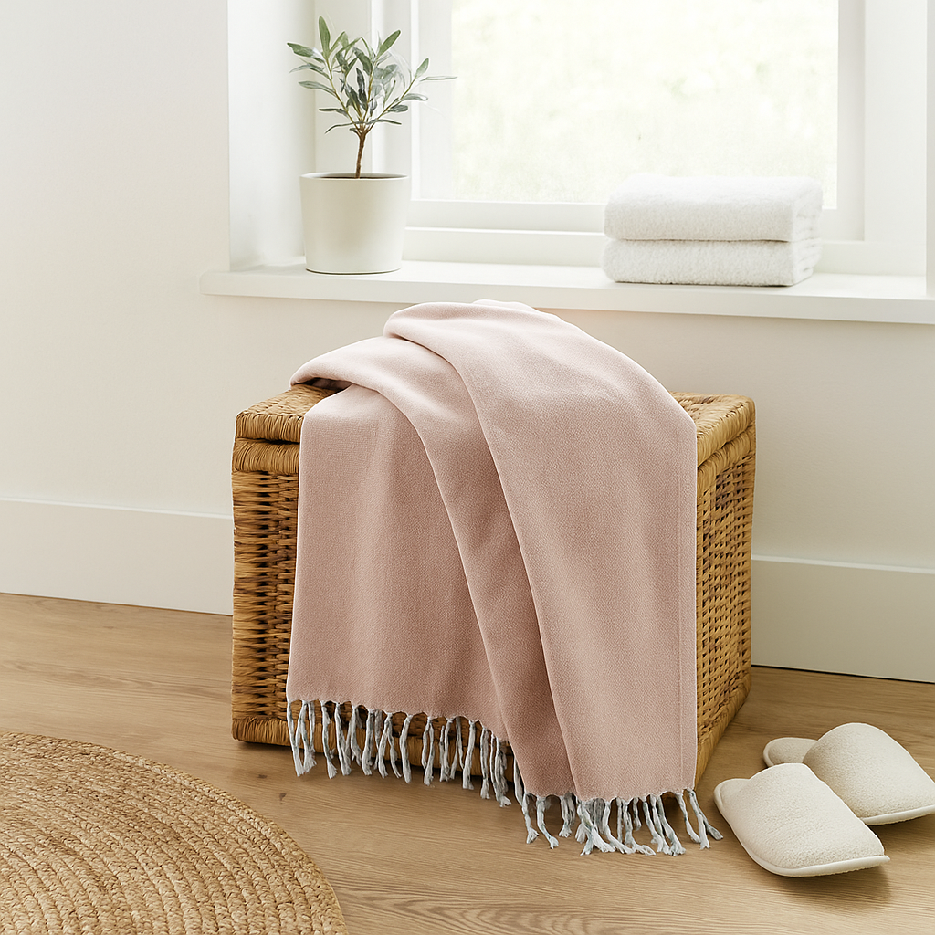 Pink throw blanket draped over a wicker basket on a wooden floor with a plant and window in the background.