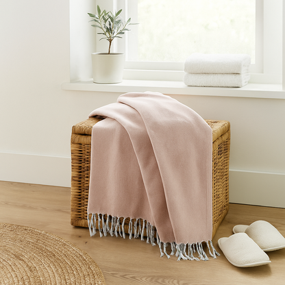 Pink throw blanket draped over a wicker basket on a wooden floor with a plant and window in the background.