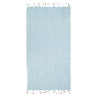 Light blue towel with white fringe on a white background
