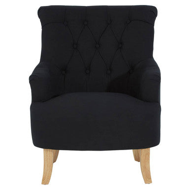 Black upholstered armchair with wooden legs on a white background