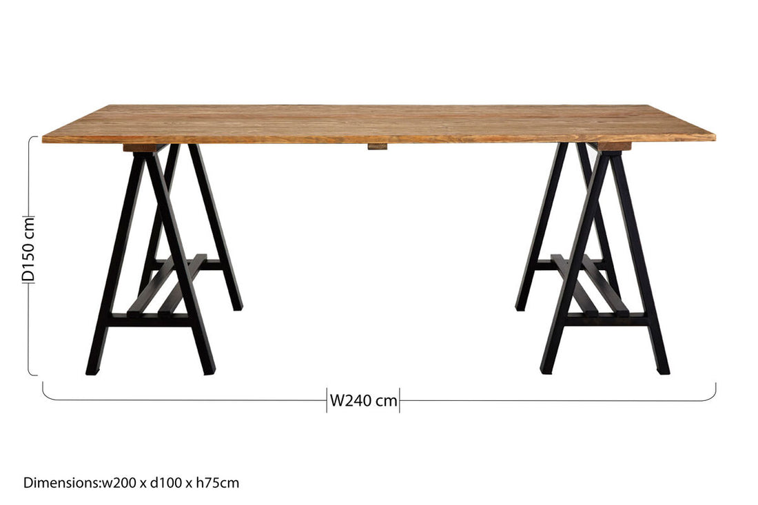 6 Seater Natural Pine Wood Dining Table with Black Iron A-Frame Legs, Hampstead