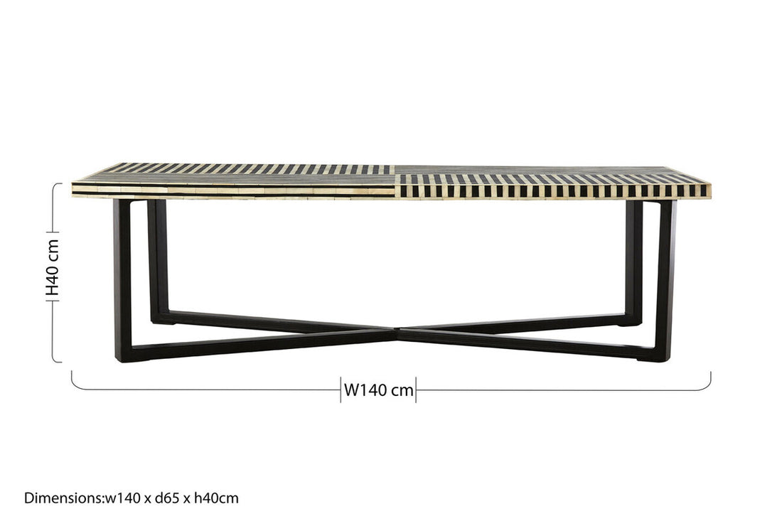 Black and White Buffalo Bone Inlay Top Coffee Table with Black Metal Lattice Base, Boho