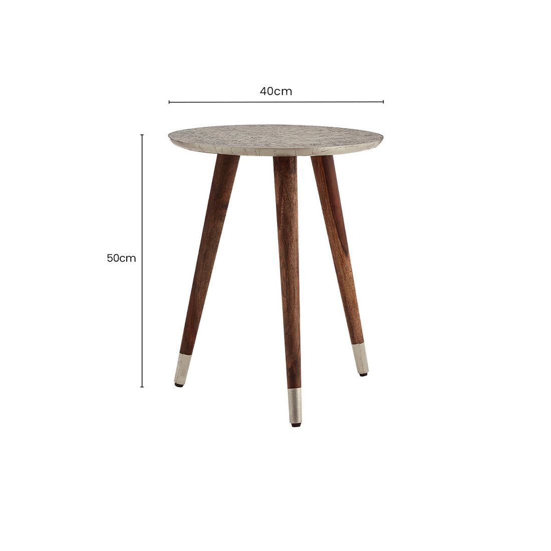 White Embossed Metal Top Side Table with Natural Tripod Wood Base, Boho