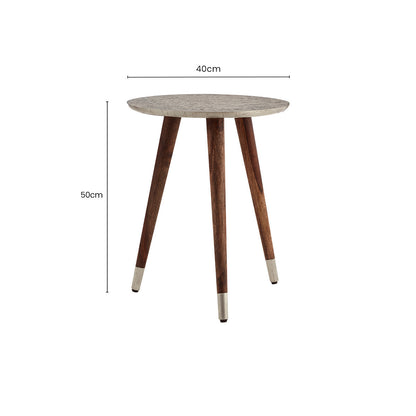 White Embossed Metal Top Side Table with Natural Tripod Wood Base, Boho