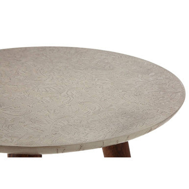 Boho White Finish Carved Metal Top Side Table