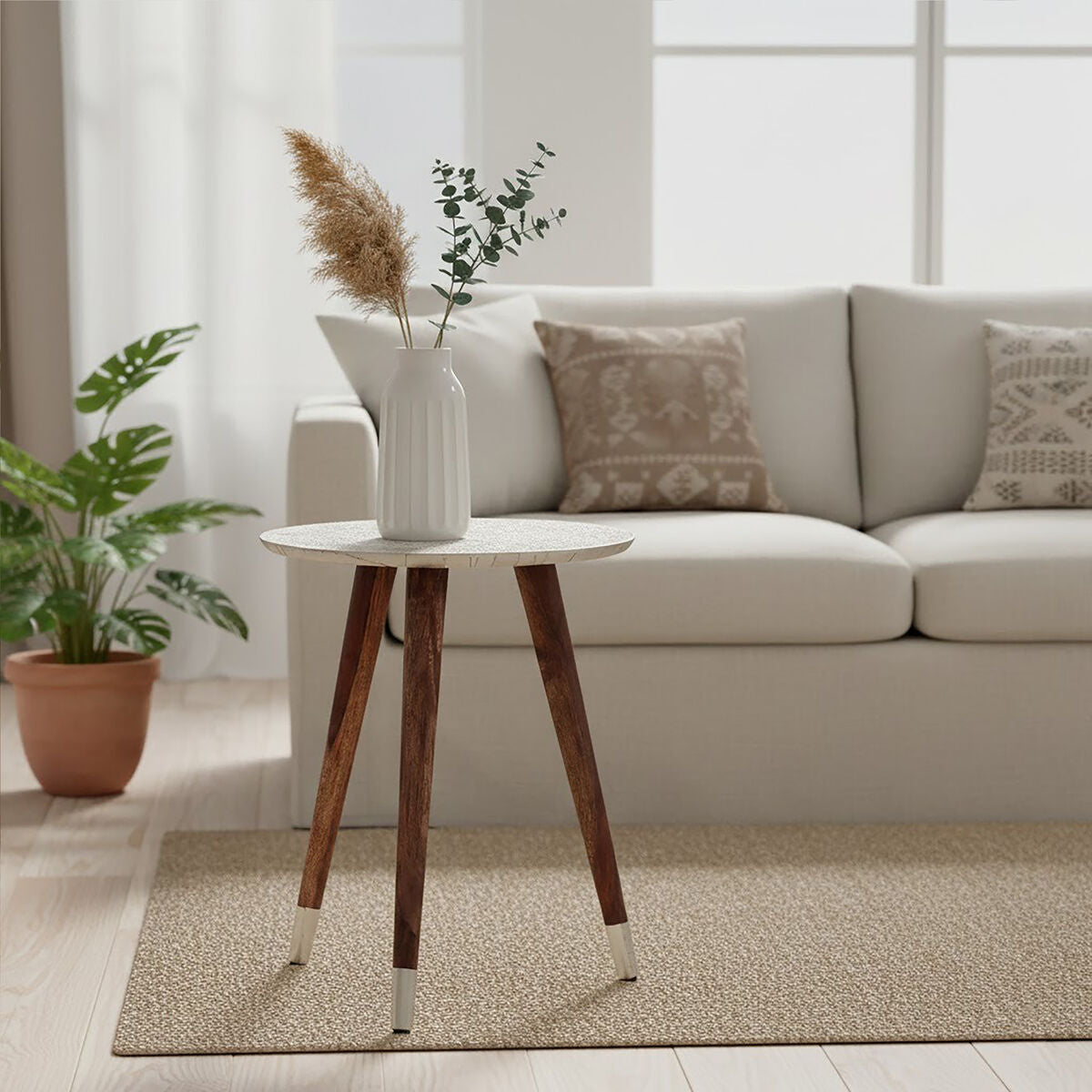 Boho White Finish Carved Metal Top Side Table