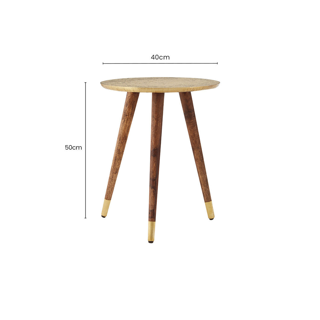 Gold Embossed Metal Top Side Table with Natural Tripod Wood Base, Boho