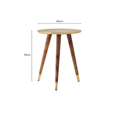 Gold Embossed Metal Top Side Table with Natural Tripod Wood Base | Boho