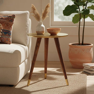 Boho Gold Finish Acacia Wood Side Table with Carved Top